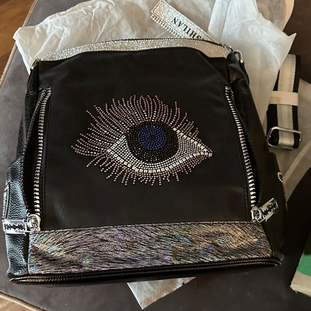Black Eye-Embellished Women's backpack/shoulder bag - Picture 8 of 15
